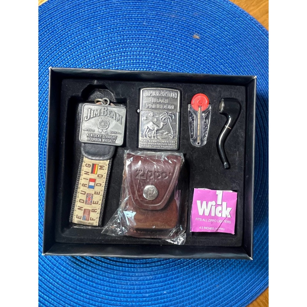 Operation Iraqi Freedom unused Zippo box set 2003 keychain, clip-on HOLSTER